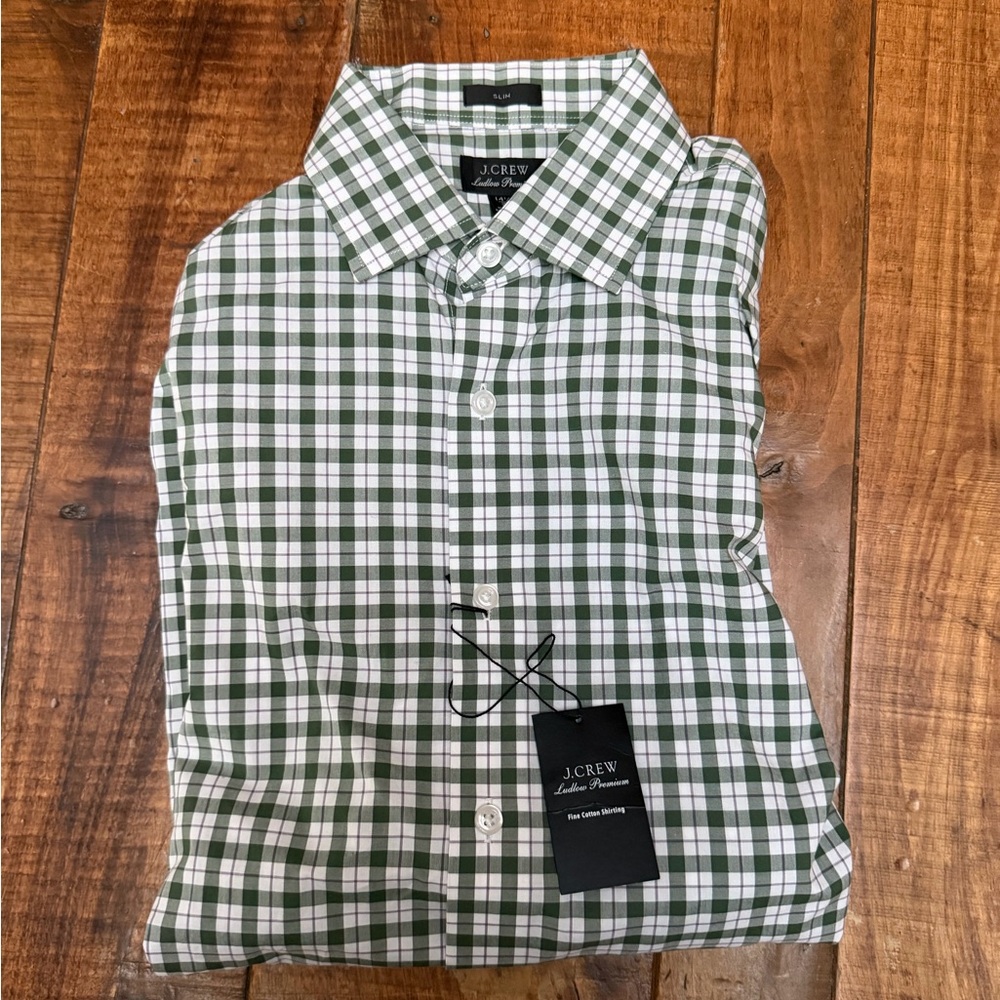 J. Crew Men's Green and White Checkered Shirt